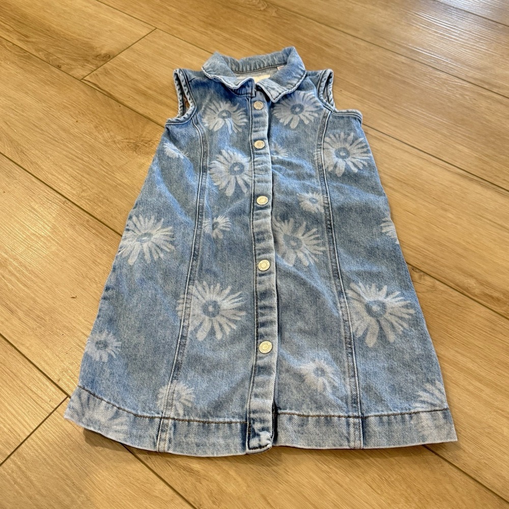 Zara Girls Denim Shirt Dress Size 6 Sleeveless Collared Blue Floral 4441/834/400